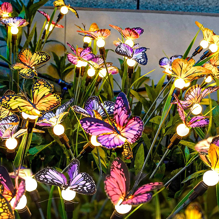 Solar butterfly flower lights with warm LED glow illuminating outdoor garden landscape