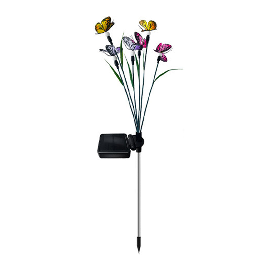 Solar-powered butterfly garden stake light with colorful LED flowers on white background