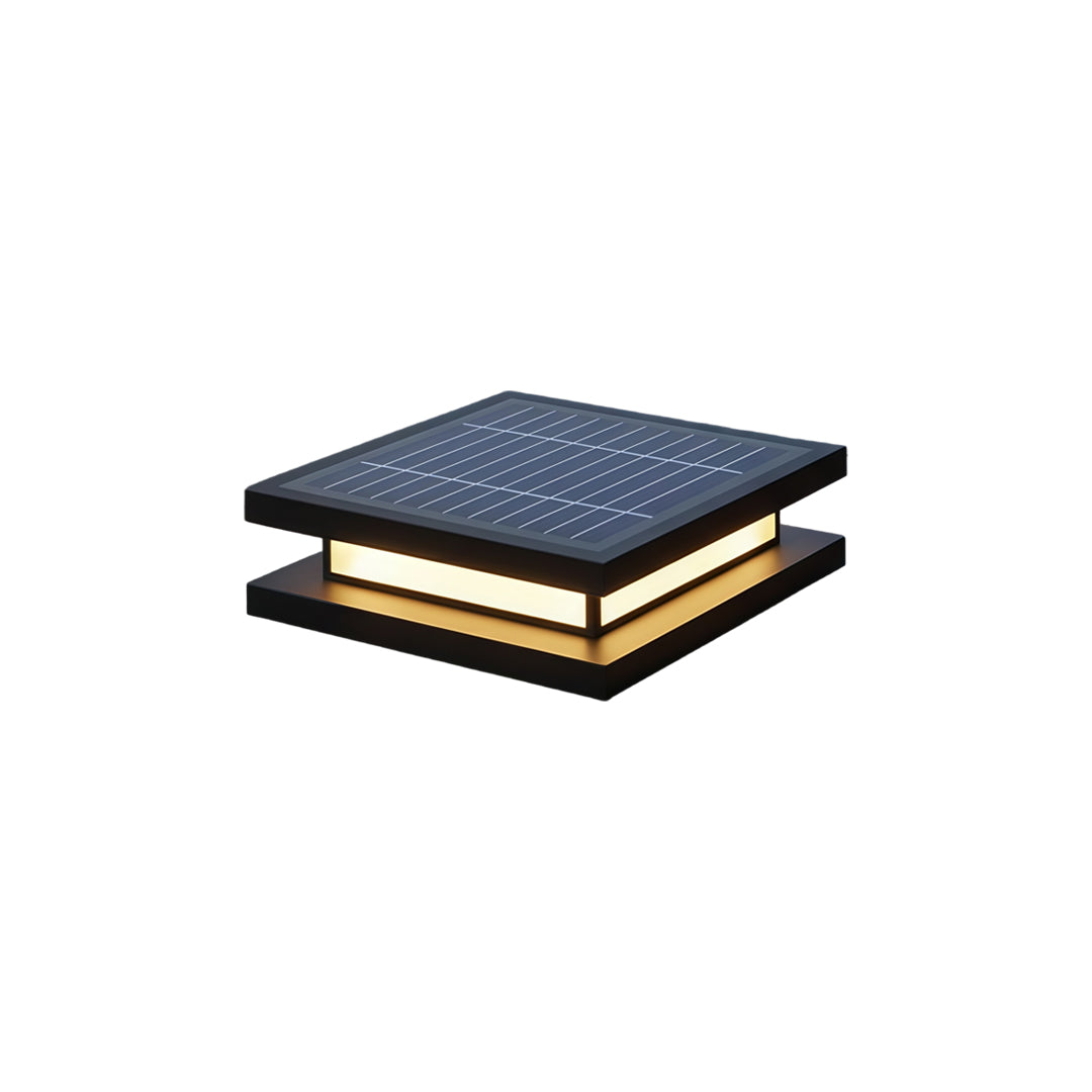 Solar-powered decorative garden lights with integrated top solar panel and modern square design.