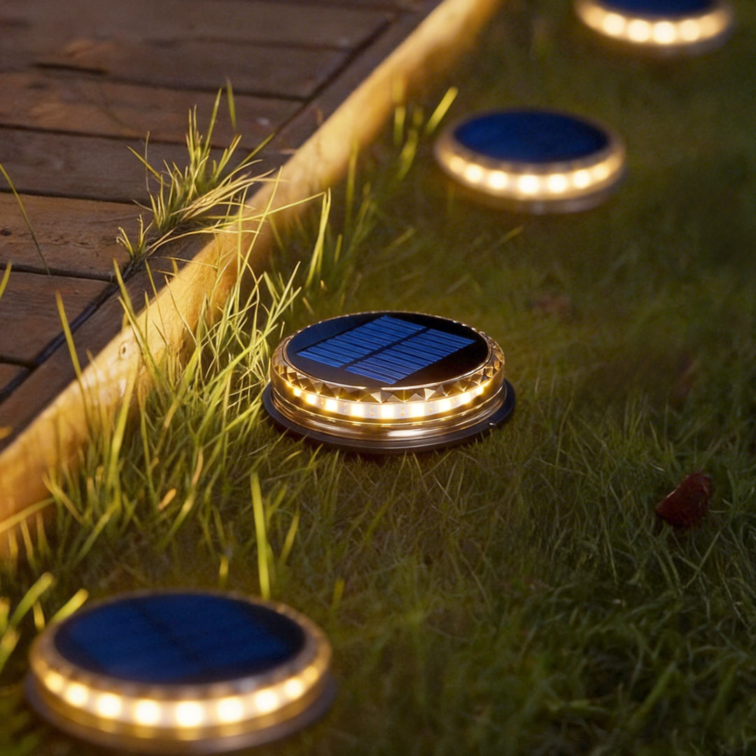 Solar disc light with a close-up of its solar panel and LED lights in grass.
