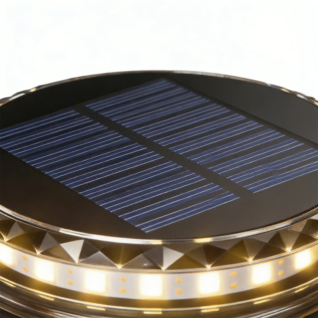 Solar disc light top view showing solar panel and LED ring design.