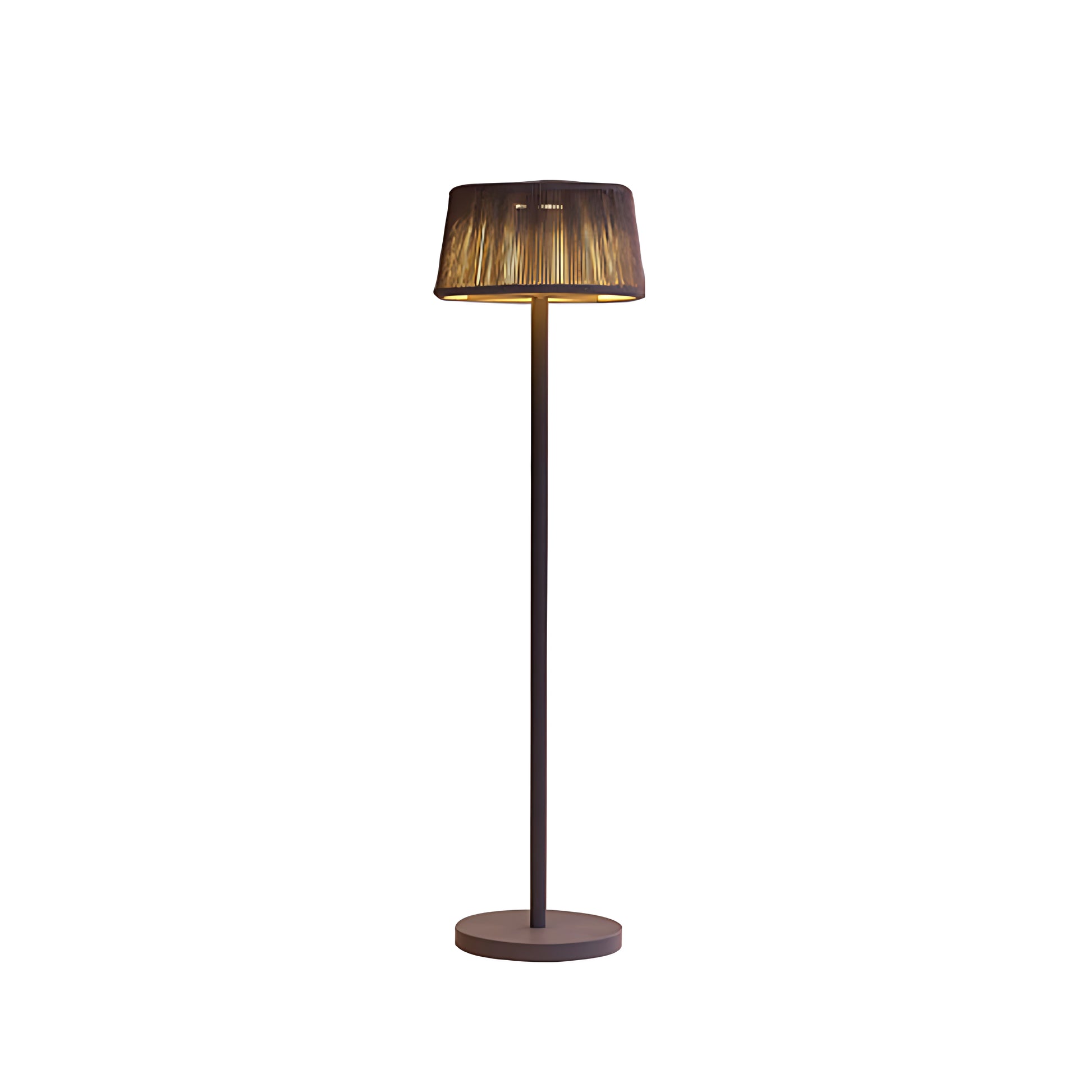 Elegant solar floor lamp with woven rattan shade and dark metal pole against white background