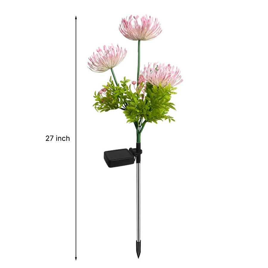 Single solar-powered flower light stake with pink petals and measurement specifications displayed