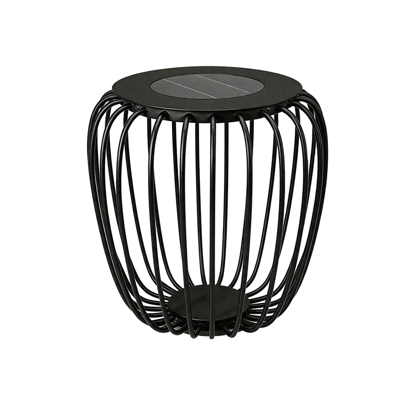 Solar garden lantern with a black open-frame design and round solar top shown on white.