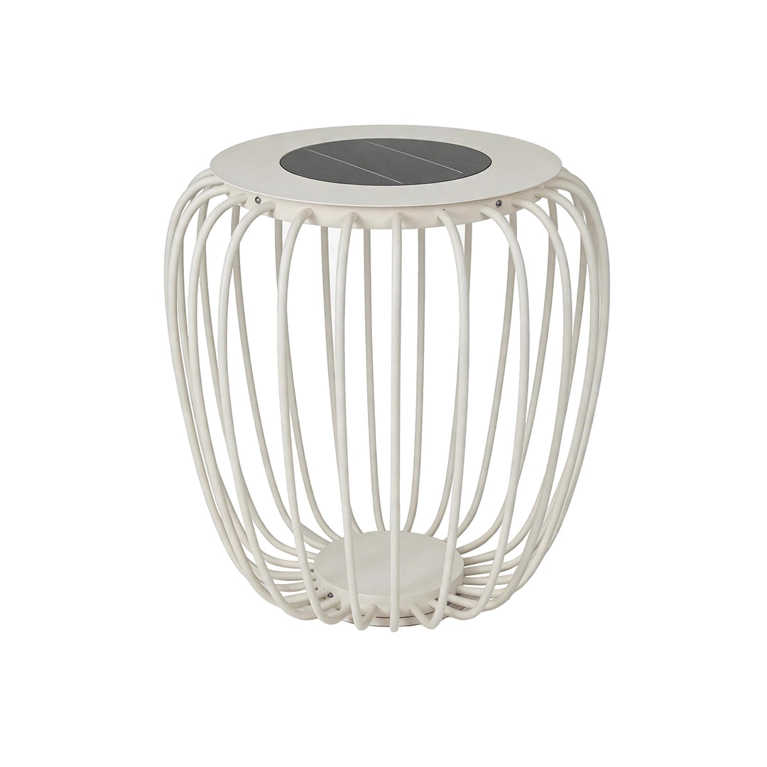 Solar garden lantern with a white open-frame design and round solar top shown on white.