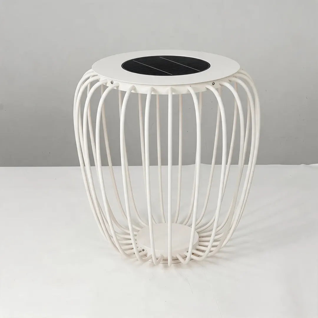 Solar garden lantern with a white open-frame body and round solar top shown on a white background.