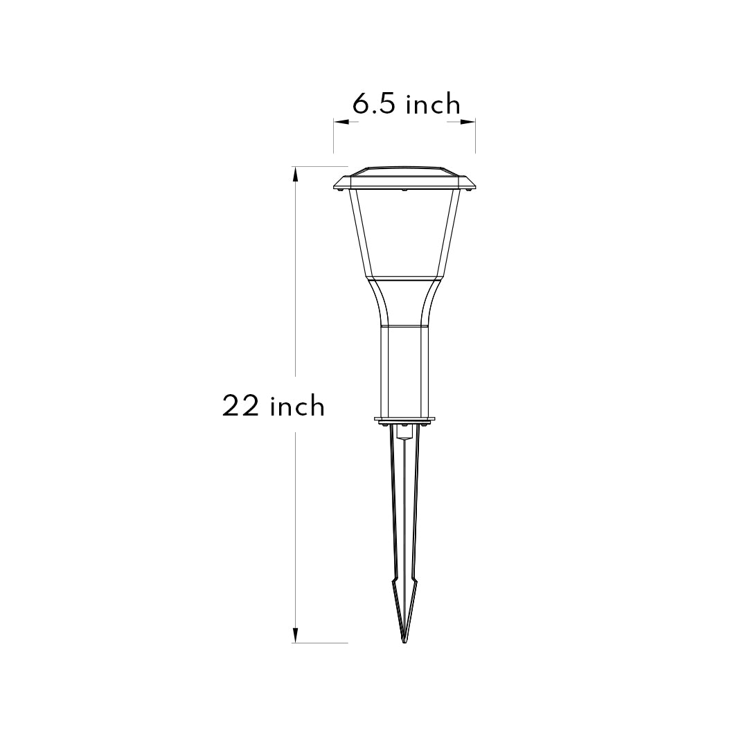Technical diagram showing dimensions and specifications for a solar garden light fixture