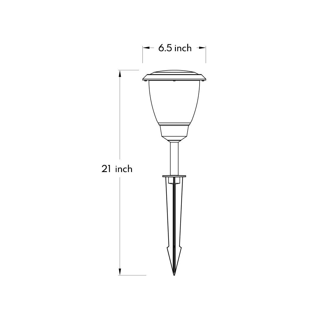 Technical drawing with measurements and specifications for solar garden light with lantern-style design
