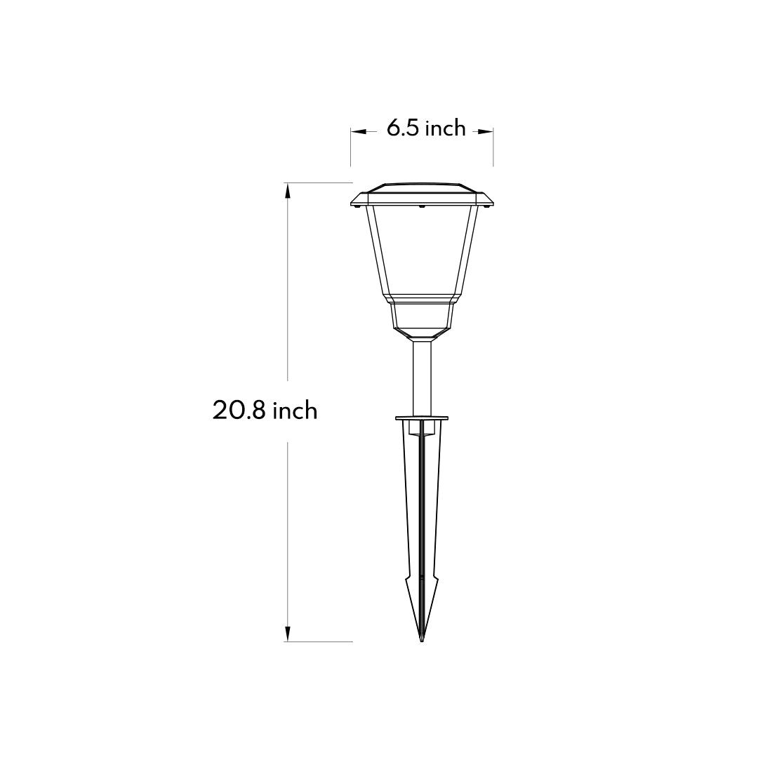 Technical drawing showing dimensions and specifications for solar garden light stake with lantern top