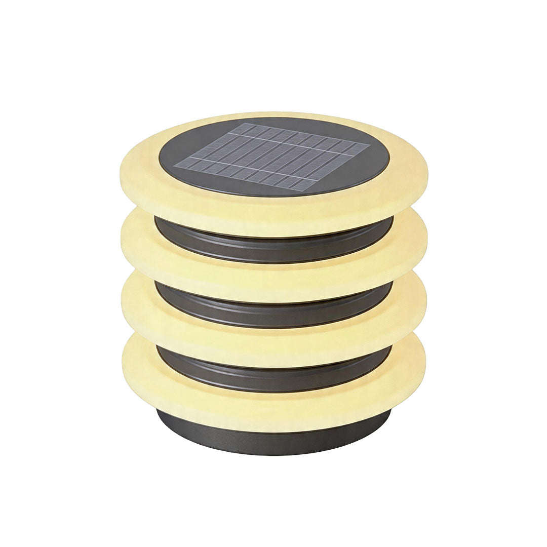 Solar garden pillar lights with top-mounted solar panel and modern cylindrical outdoor design.