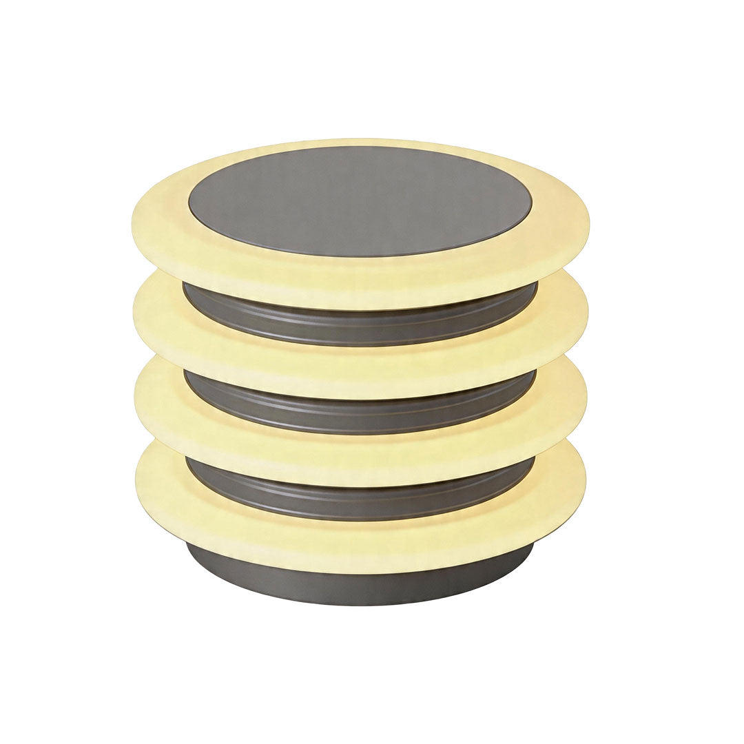 Solar garden pillar lights product image with compact round layered design on white background.