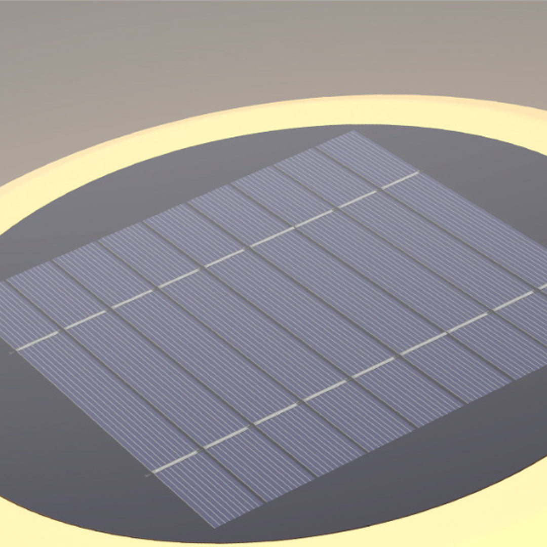 Solar garden pillar lights close-up featuring integrated solar panel and warm LED diffuser layers.