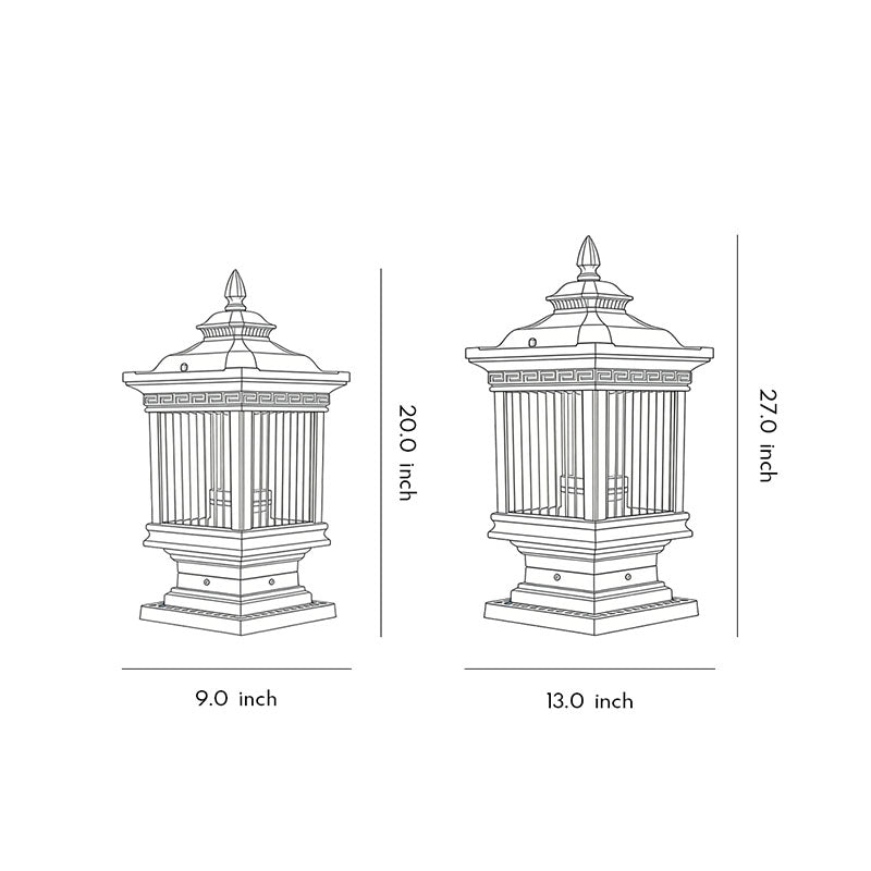 Solar garden post lights technical dimension drawing, illustrating size and proportions for outdoor installation.