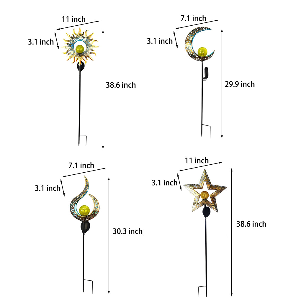 Solar garden stake lights dimension diagram showing sun, flame, crescent moon, and star designs.