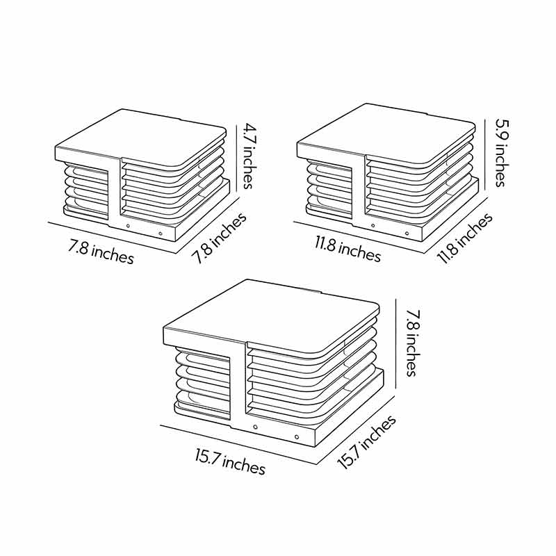 Solar gate pillar lights dimension chart displaying multiple size options for exterior installation.