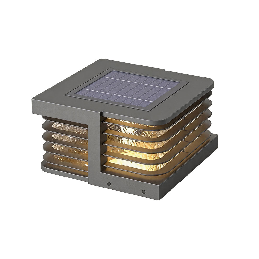 Solar gate pillar lights with integrated solar panel and warm modern outdoor lighting structure.