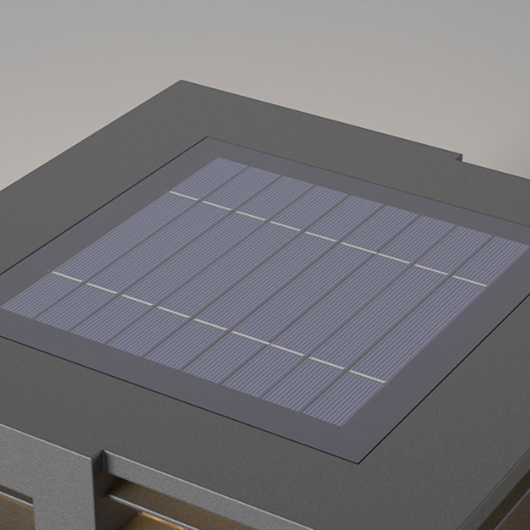 Top solar panel detail of solar gate pillar lights with integrated outdoor energy-saving technology.