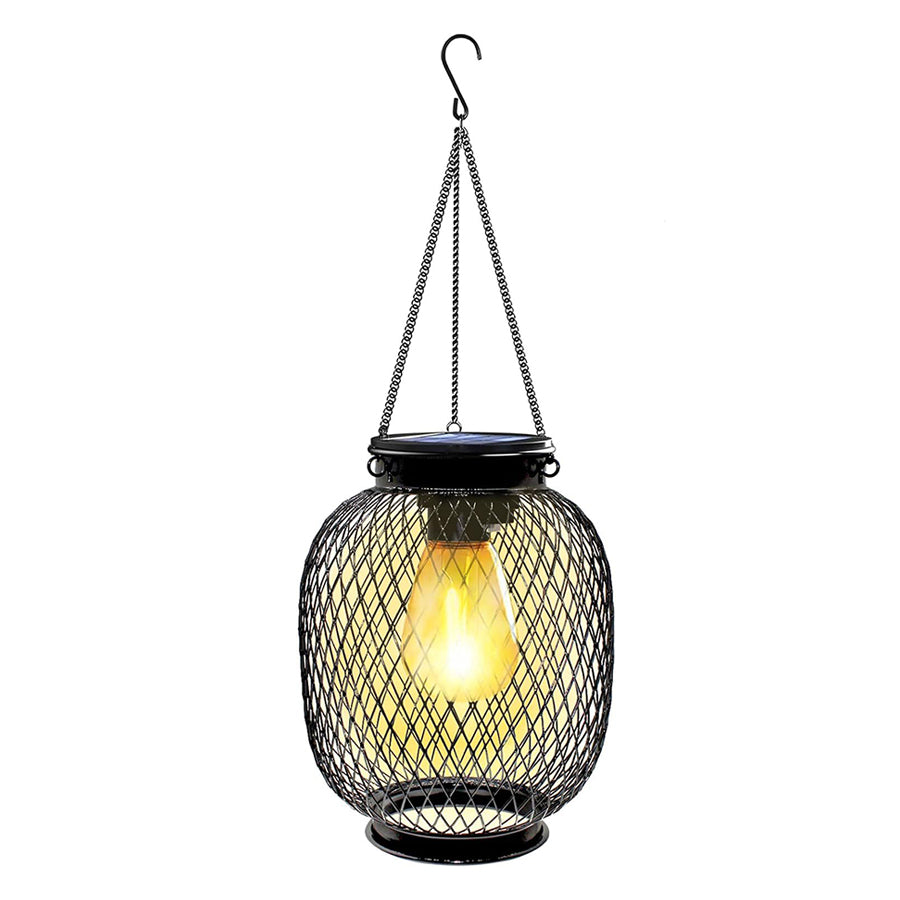 Solar hanging lantern with geometric mesh design and chain suspension for outdoor decoration