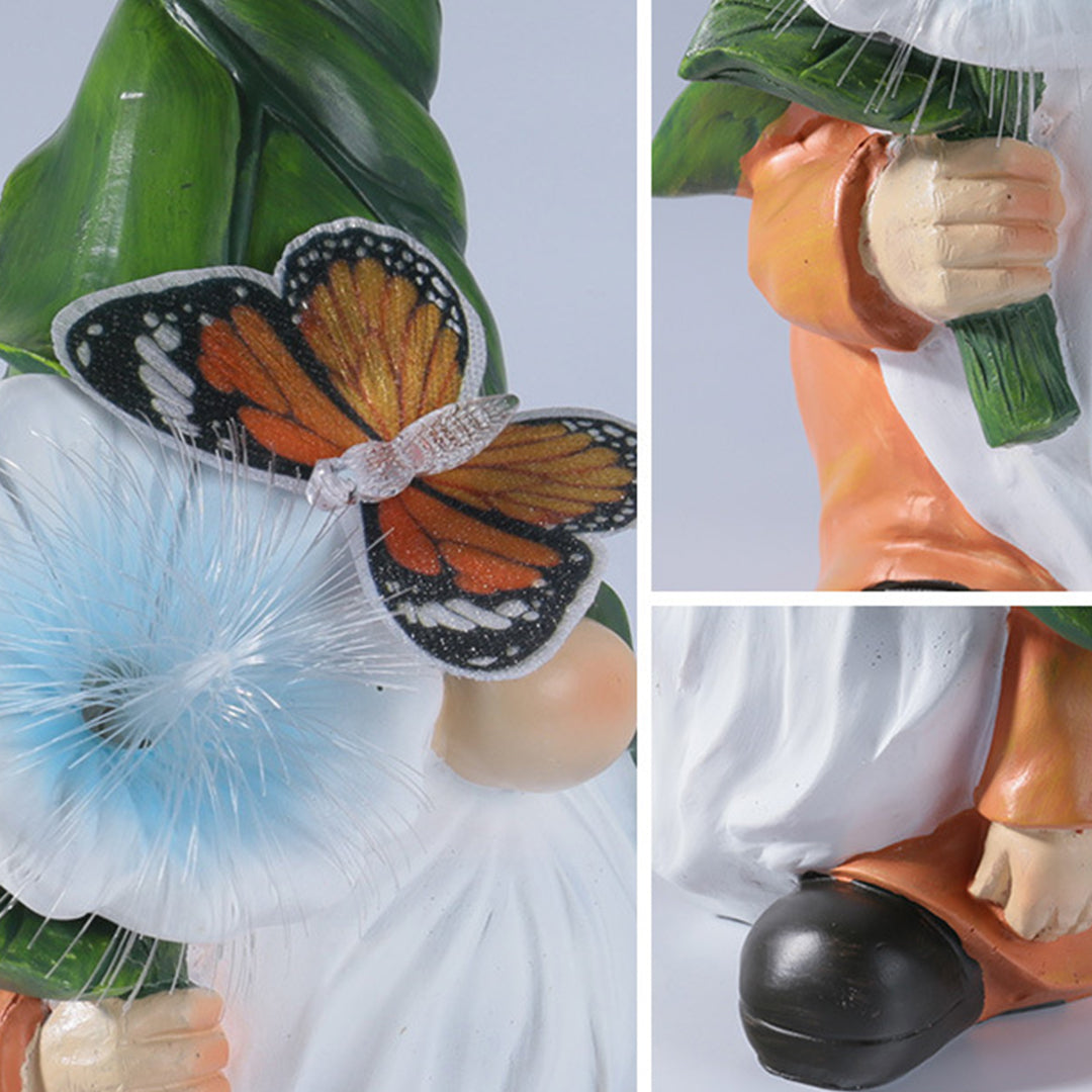 Solar gnomes garden lights with a close-up of a butterfly on a gnome's flower.
