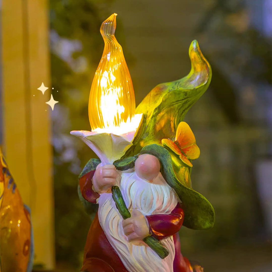 Solar gnomes garden lights with a close-up of a gnome holding a yellow light.