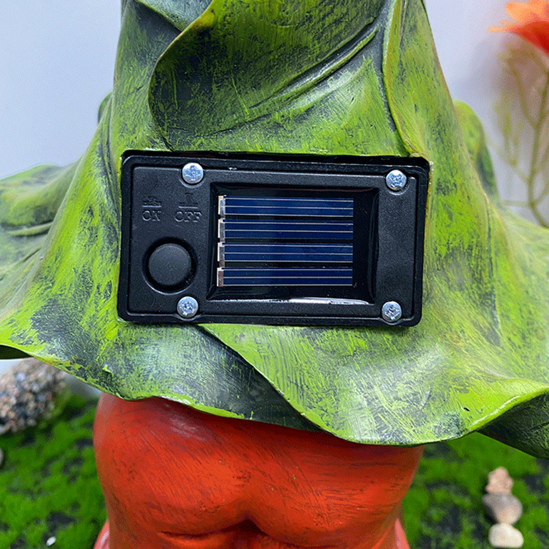 Solar gnomes garden lights with a gnome holding a blue flower and butterfly.