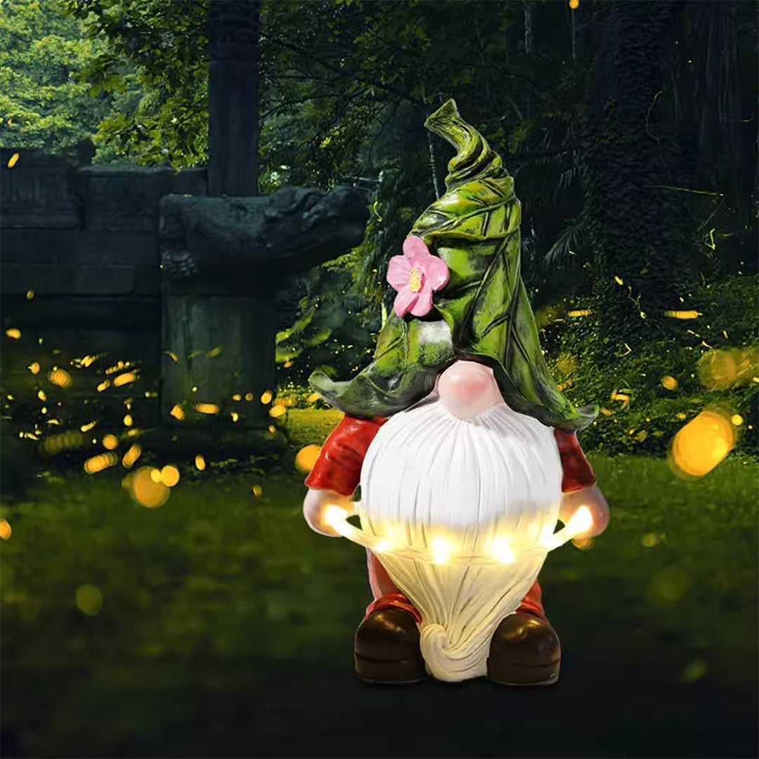 Solar gnomes garden lights showcasing a gnome with a detailed leaf hat.