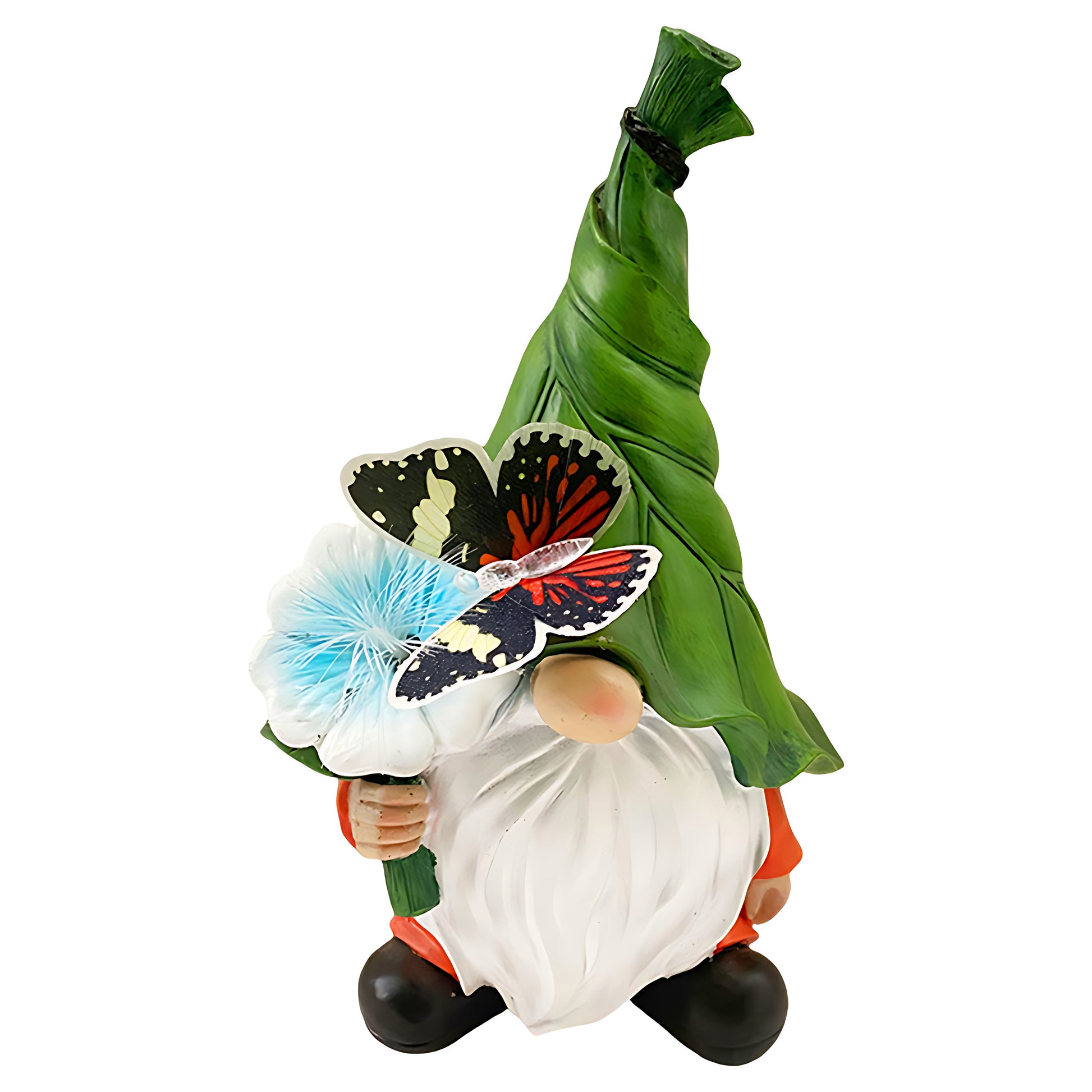 Solar gnomes garden lights with a gnome holding a green leaf and yellow light.