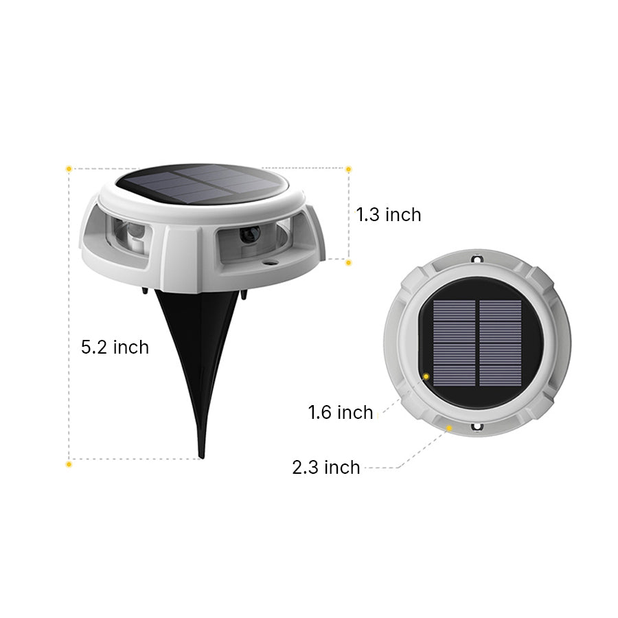 Technical diagram showing solar ground light installation with dimensions and solar panel specifications