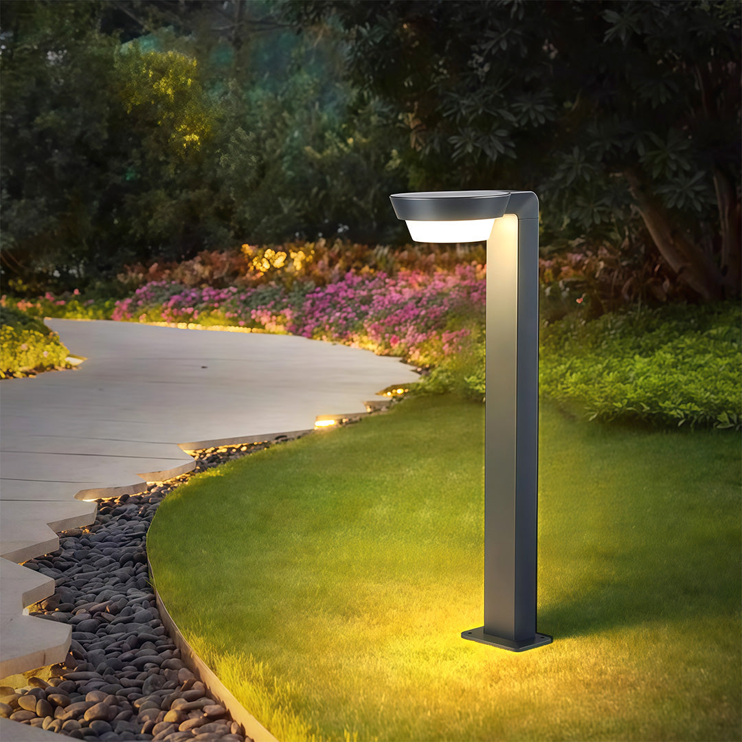 LED path light with integrated solar panel, providing energy-efficient lighting for outdoor pathways.