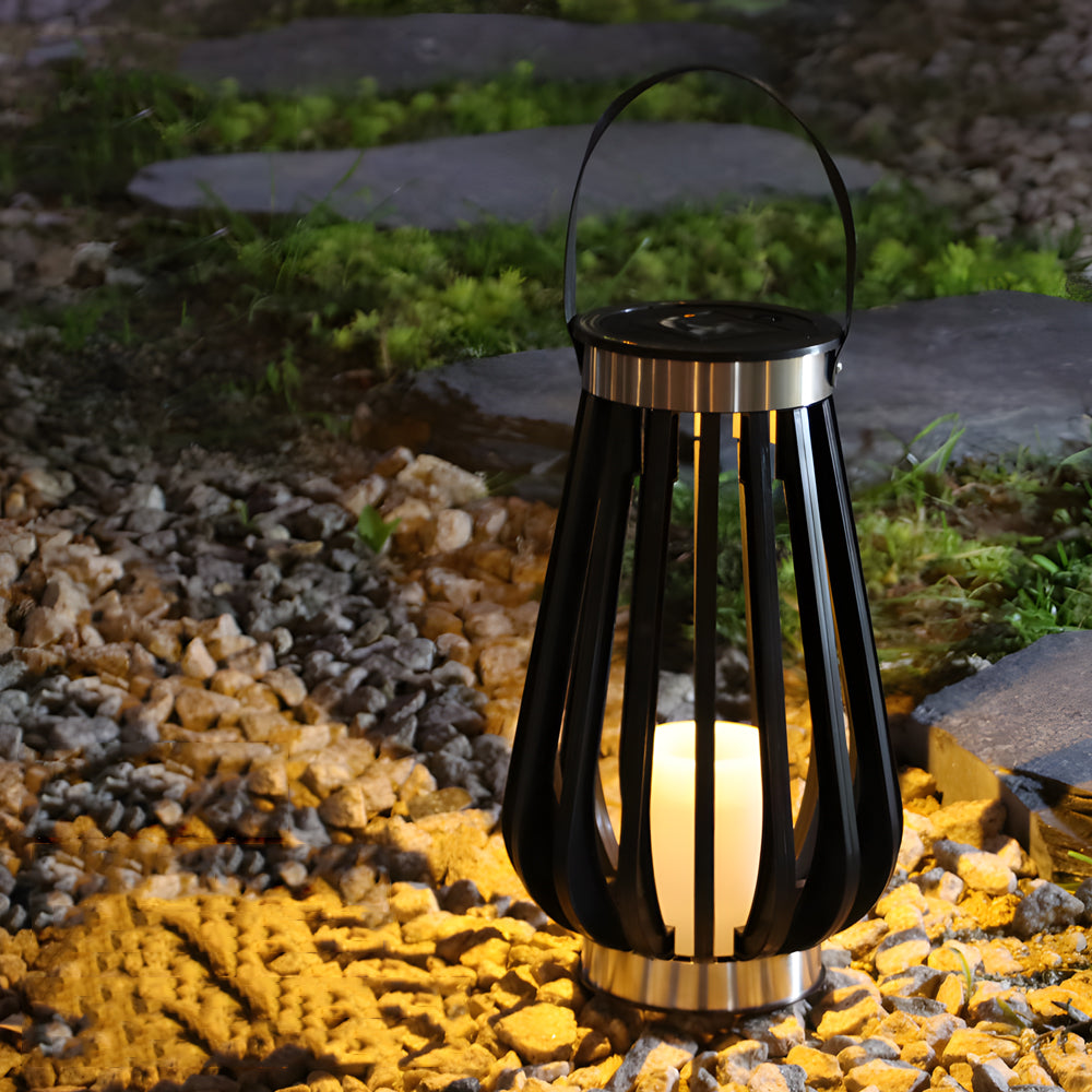 Solar garden lantern illuminating outdoor landscaping with warm ambient lighting at dusk