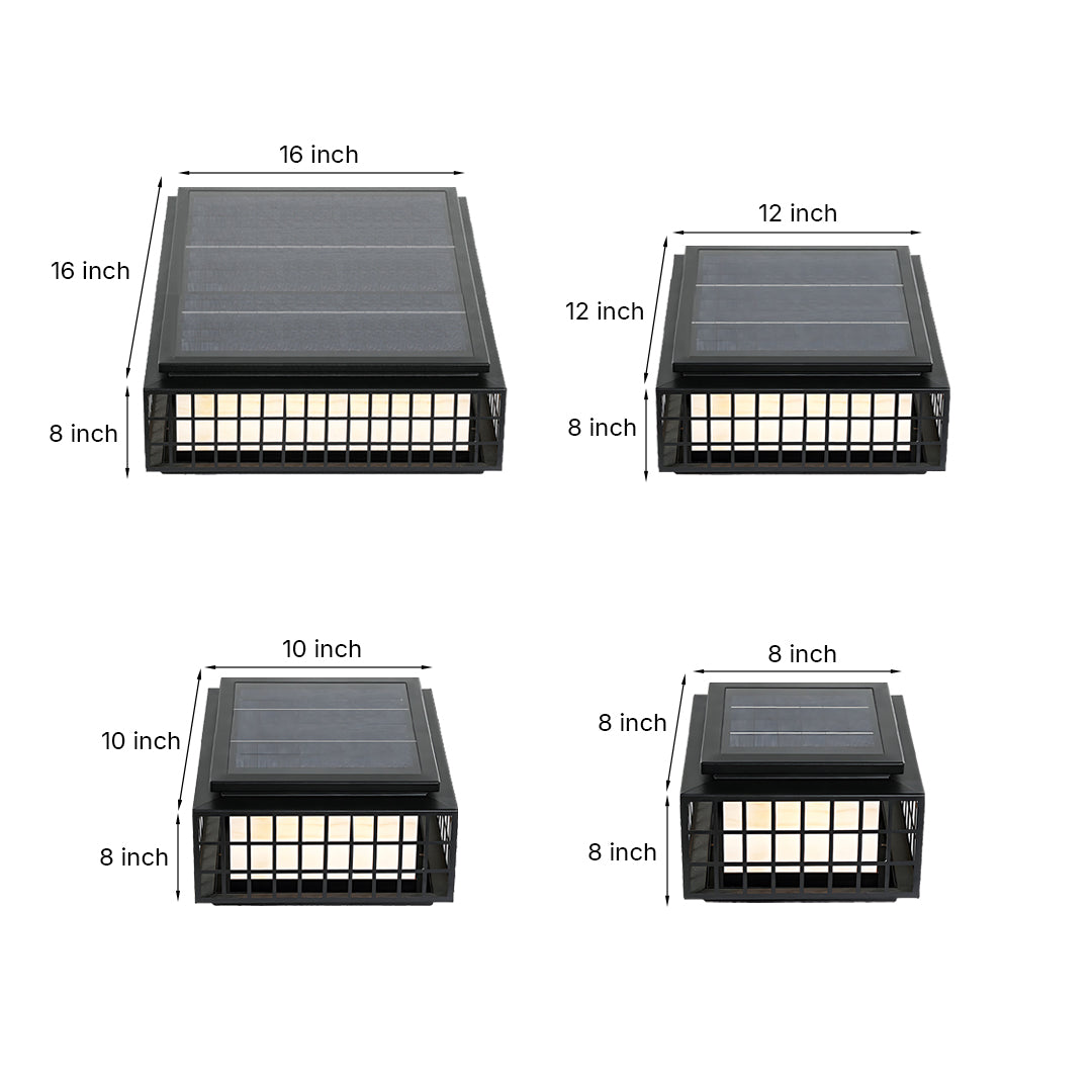 Technical specification drawings showing four different sizes of solar-powered lanterns with traditional oriental design elements