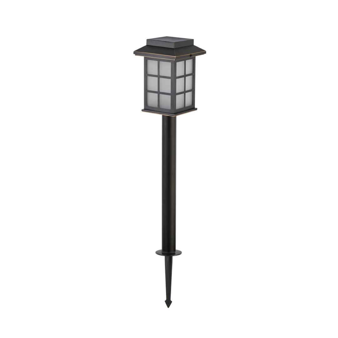 Black solar led path lights with traditional square lantern housing and slim ground stake for outdoor garden paths.