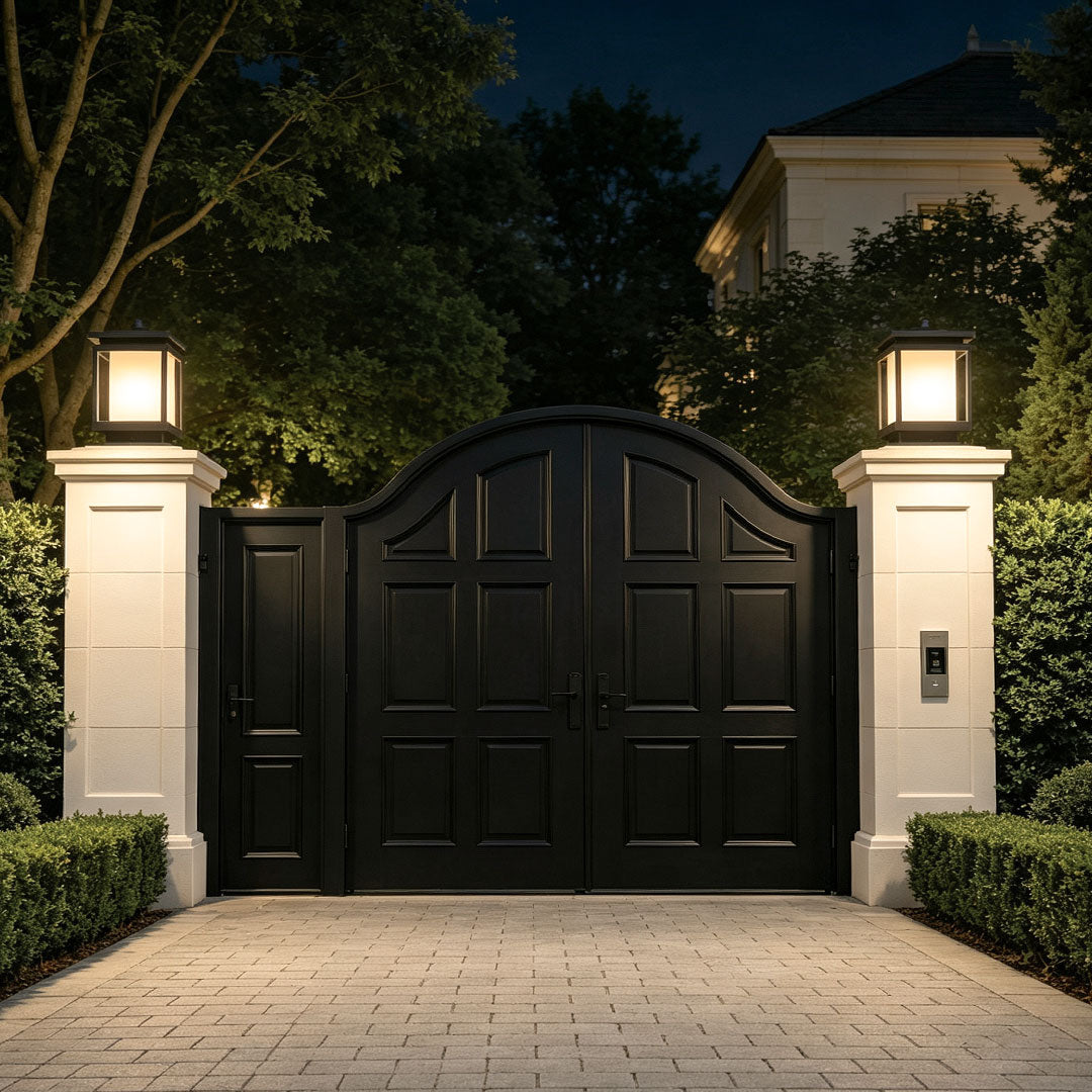 Modern solar light for main gate pillar installed on concrete entrance columns at luxury home driveway.