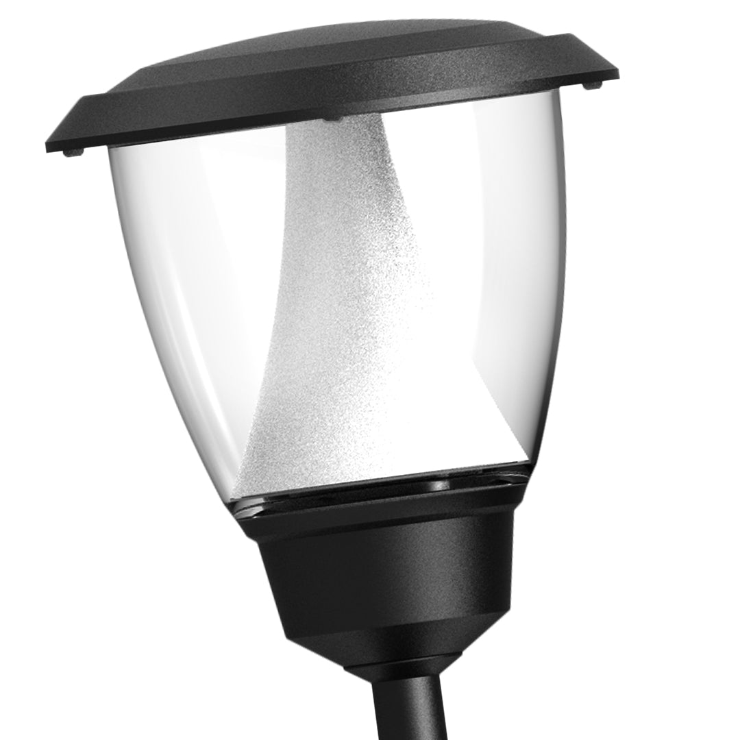 Close-up view of solar light head with clear glass shade and black frame construction