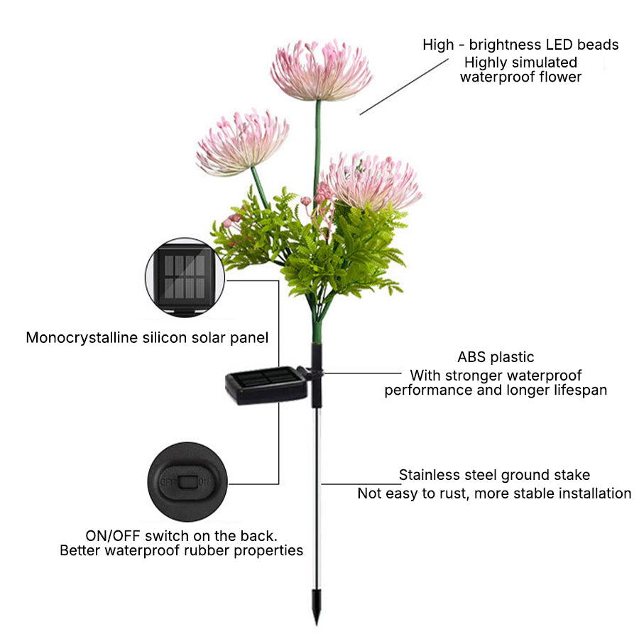 Technical diagram showing solar flower light installation details with measurements and specifications