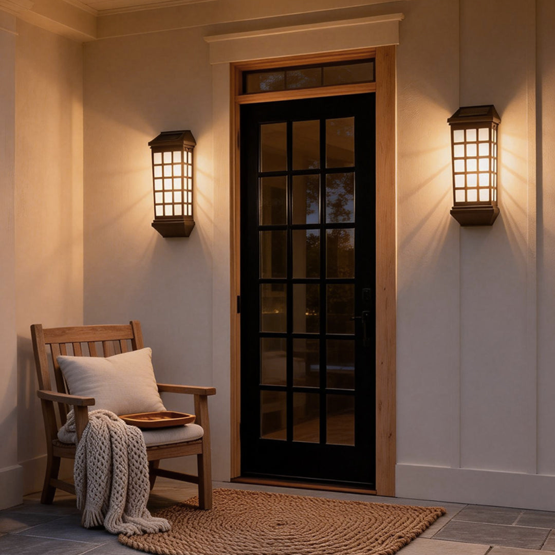 Solar light outdoor wall mounted beside a front door, providing warm and welcoming porch illumination at night.