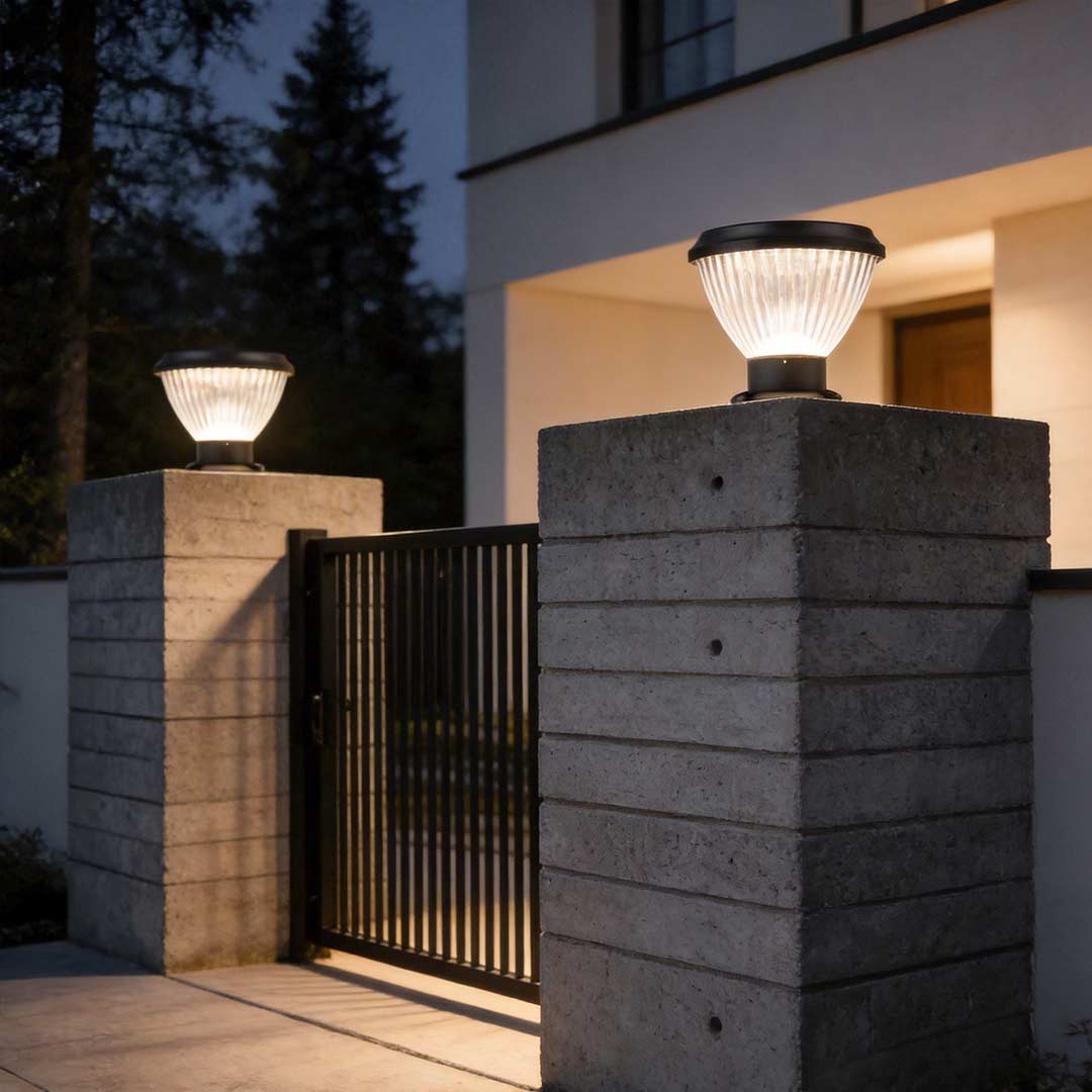 Solar light post cap enhancing a contemporary outdoor fence with elegant ambient light.