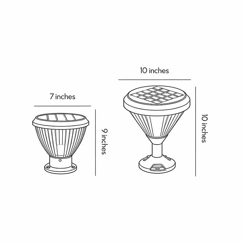 Technical diagram showing dimensions and structure of solar light post cap models.