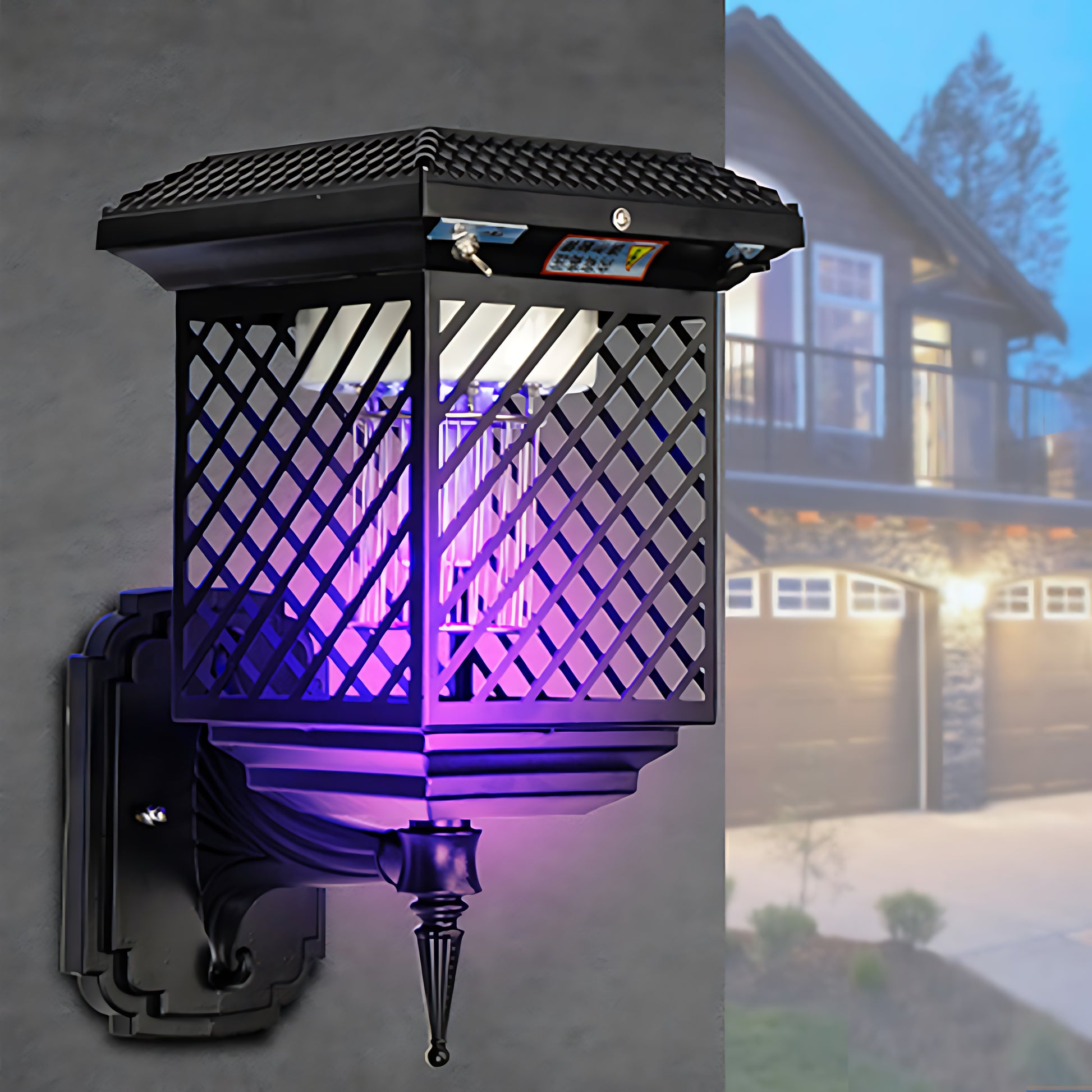 Solar light with purple LED illumination mounted on wall displaying decorative mesh pattern