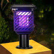 Solar light fixture with purple UV glow on wooden surface showing insect attraction feature