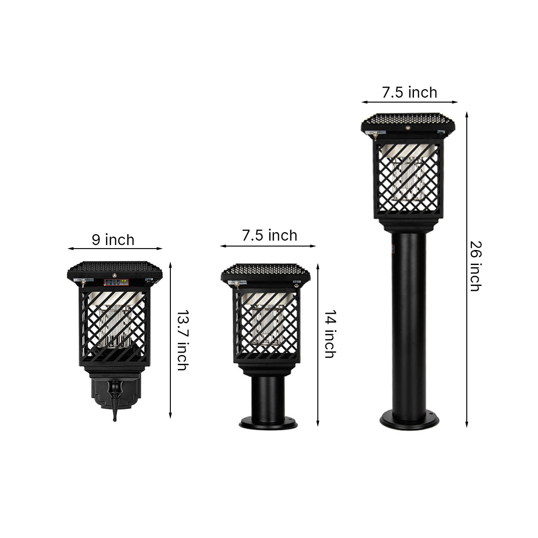 Technical dimension diagram showing three different heights and sizes of solar light models