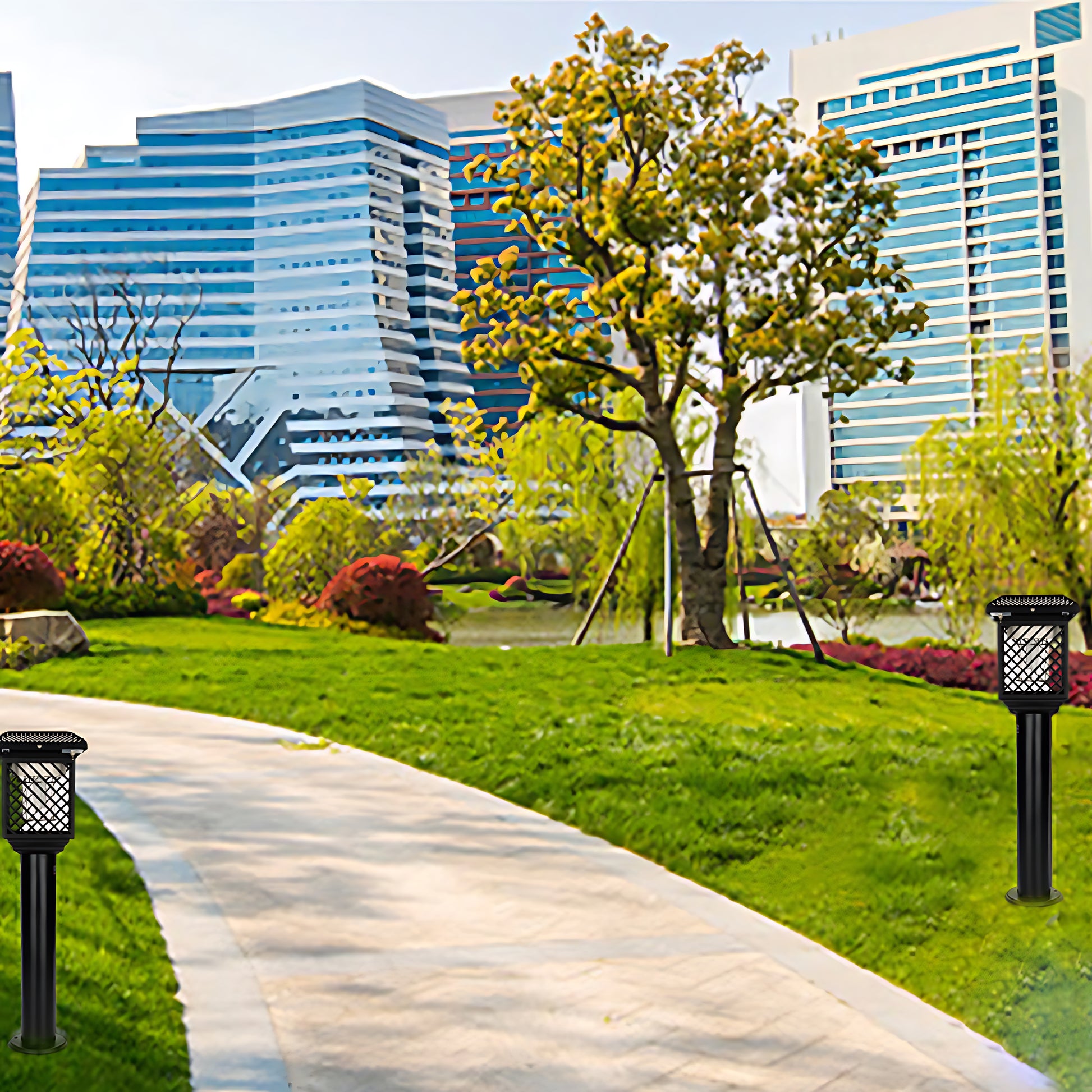 Multiple solar lights lining curved walkway in urban park with modern buildings in background
