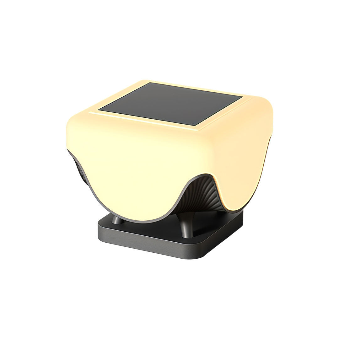 Solar lights for pillar tops product image with compact curved outdoor design on white background.