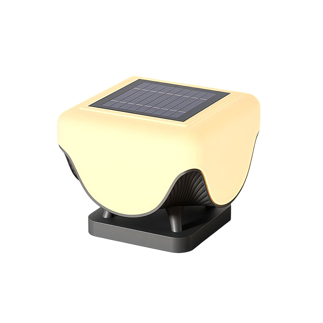 Solar lights for pillar tops with integrated solar top and modern decorative lighting structure.