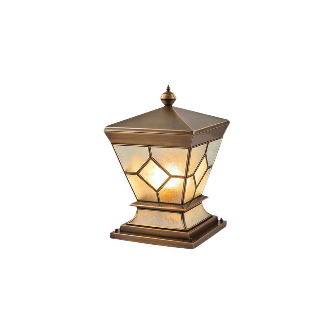 Solar lights outdoor gate pillar bronze outdoor lantern with warm illuminated geometric glass design.