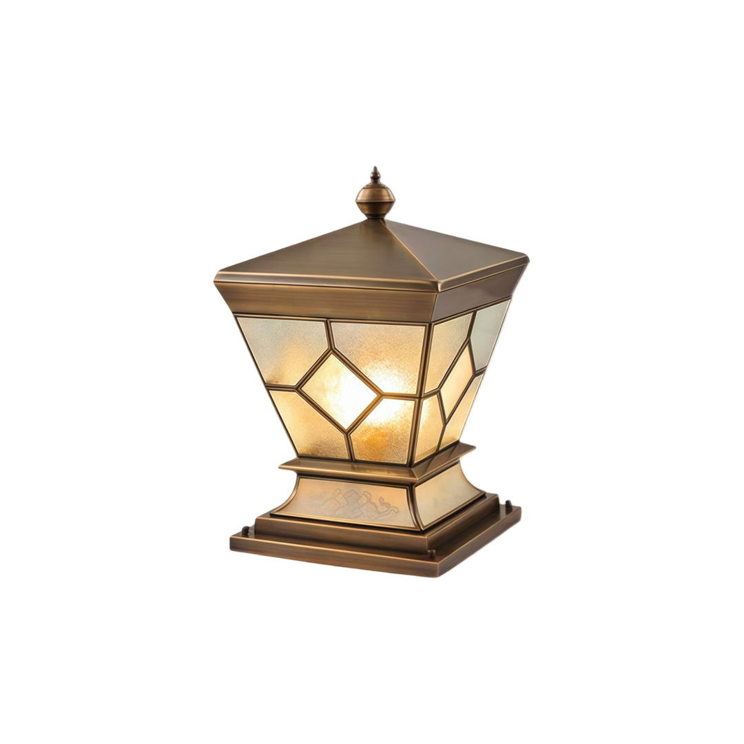 Solar lights outdoor gate pillar decorative bronze lantern fixture isolated on white background.