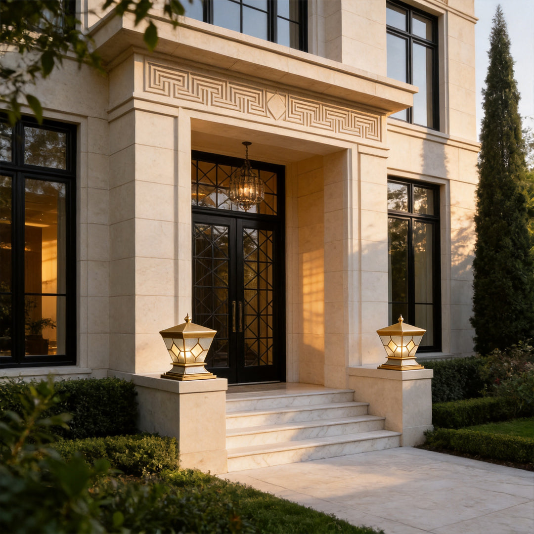 Solar lights outdoor gate pillar installed beside a grand front entrance with classic lantern styling.