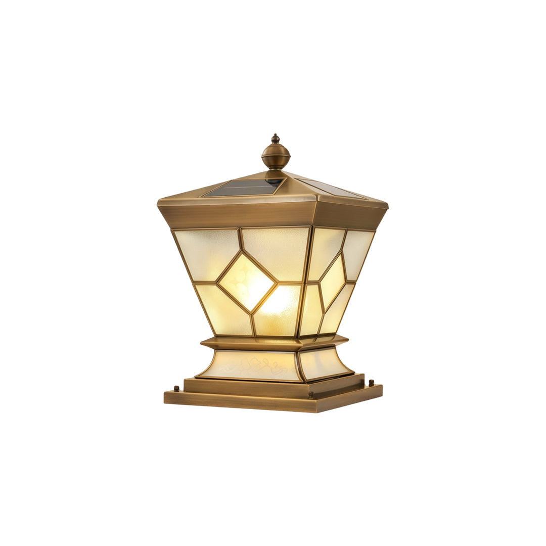 Solar lights outdoor gate pillar compact illuminated lantern fixture with elegant bronze finish.
