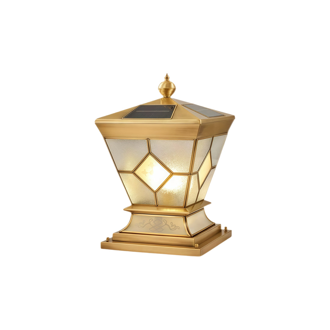 Solar lights outdoor gate pillar compact solar lantern displayed on white background with gold trim.