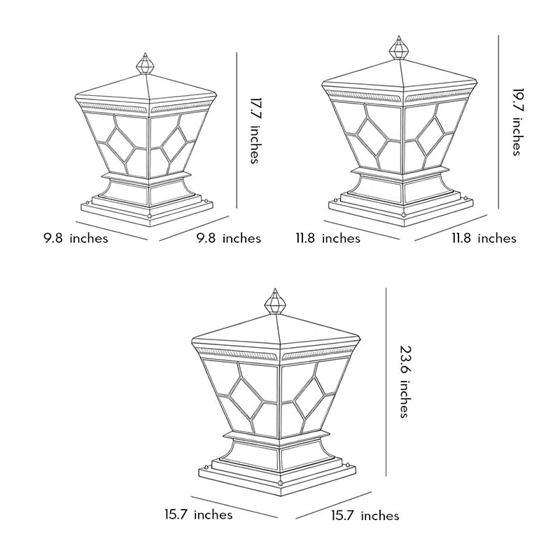 Solar lights outdoor gate pillar dimension drawing showing outdoor lantern measurements and proportions.